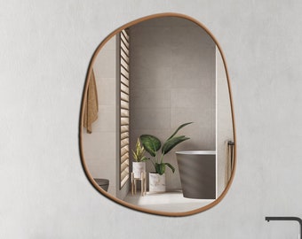 Irregular Wavy Wall Mirror, Modern Wood Frame Mirror, Asymmetrical Mirror, Gold Bathroom Mirror, Stylish Mirror Wall Decor, Entryway Mirror