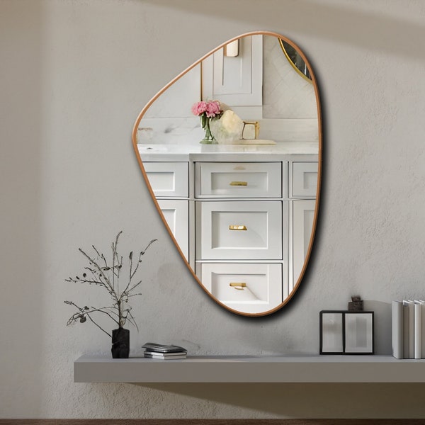 Irregular Mirror Wall Mirror, Asymmetrical Shaped Wooden Mirror, Gold Framed Bathroom Mirror, Modern Entryway Mirror, Living Room Mirror