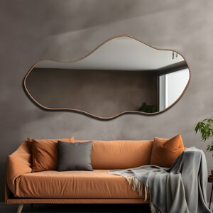 Asymmetrischer Spiegel, luxuriöser Holzrahmenspiegel, moderner Wohnspiegel, Wohnzimmerspiegel, Eingangsspiegel, Spiegel-Wohndekor, gewellter Spiegel Bild 2