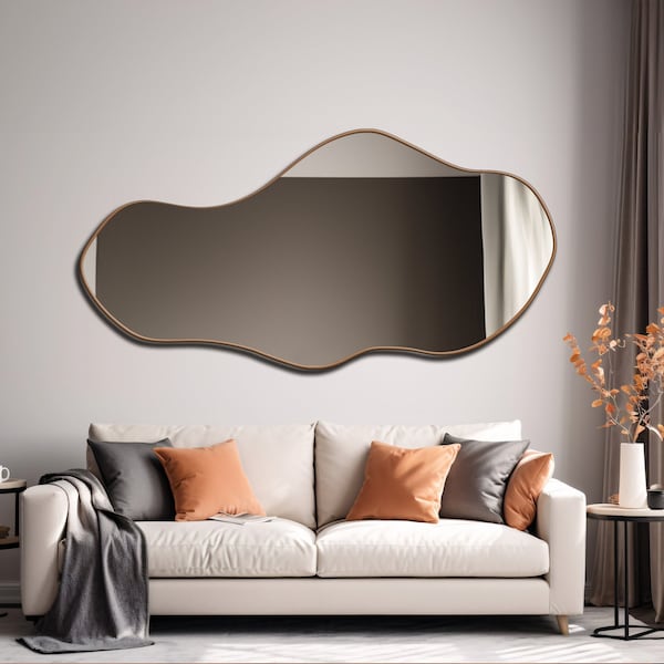 Miroir asymétrique, Miroir avec cadre en bois luxueux, Miroir pour maison moderne, Miroir de salon, Miroir d'entrée, Miroir déco, Miroir ondulé