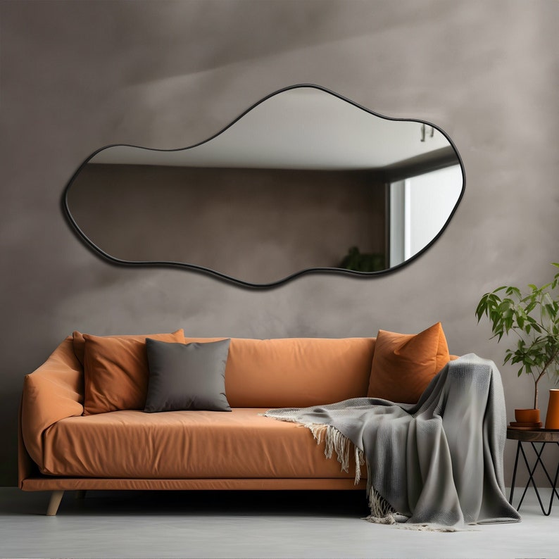 Asymmetrischer Spiegel, luxuriöser Holzrahmenspiegel, moderner Wohnspiegel, Wohnzimmerspiegel, Eingangsspiegel, Spiegel-Wohndekor, gewellter Spiegel Bild 3
