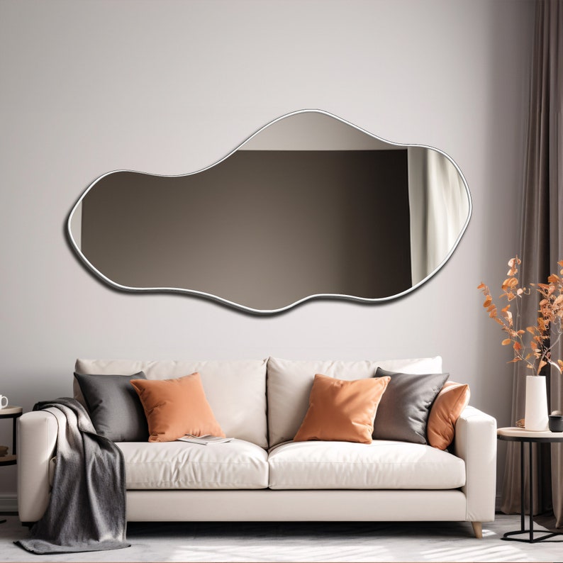 Asymmetrischer Spiegel, luxuriöser Holzrahmenspiegel, moderner Wohnspiegel, Wohnzimmerspiegel, Eingangsspiegel, Spiegel-Wohndekor, gewellter Spiegel Bild 4
