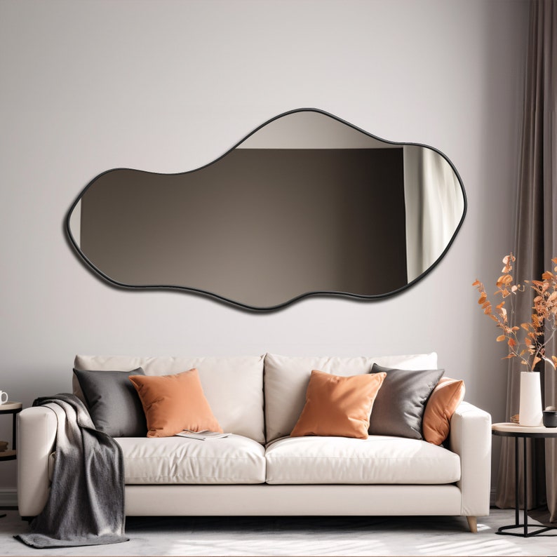 Asymmetrischer Spiegel, luxuriöser Holzrahmenspiegel, moderner Wohnspiegel, Wohnzimmerspiegel, Eingangsspiegel, Spiegel-Wohndekor, gewellter Spiegel Bild 5