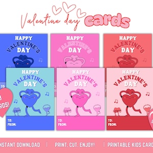 Valentijnsdagkaarten voor kinderen, 48 Valentijnsdagkaarten van 3 x 4, afdrukbare kinderkaarten, Cute Heart Beats-valentijnskaarten