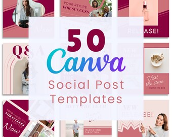 May include: A collection of 50 Canva social post templates. The image features a grid of various social media post designs in shades of pink, white, and teal. Text includes "50 Canva Social Post Templates", "Visit the Site", and "New Collection".