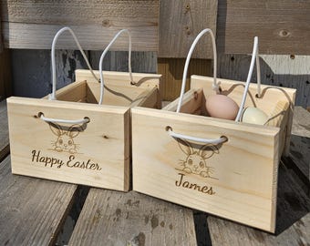 Personalisierter Osterkorb aus Holz - Handgefertigtes rustikales Osterhasengeschenk, individuell gravierter Korb für Eiersuche und Frühlingsfest