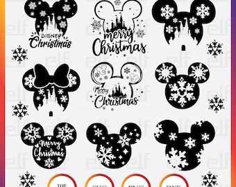 May include: Nine black and white digital cut files featuring a Mickey Mouse silhouette with various Christmas designs. The designs include snowflakes, a castle, a bow, and the text "Disney Christmas", "Merry Christmas", and "Merry Christmas".
