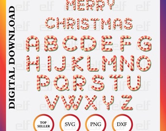 クリスマス キャンディ ケーン アルファベット SVG、Cricut シルエット ファイル (デジタル ダウンロード)