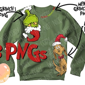 Puede incluir: Sudadera verde oliva con gráficos de dibujos animados de Grinch y Max con gorros navideños. El texto "MERRY GRINCHMAS" y "3 PNGs" también son visibles en la sudadera.