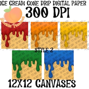 5 Eis Drip Waffel Kegel Digitale Papiere, Rot, Blau, Grün, Gelb, Orange Eis, Teamfarben, PNG, 300 dpi, Sublimation, Stil 2