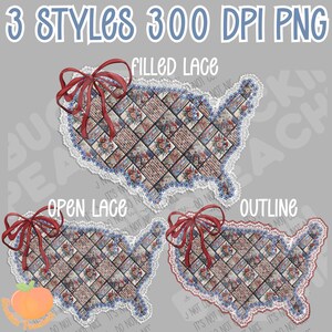 Puede incluir: Tres diseños de mapas de Estados Unidos en formato PNG, cada uno con un borde de encaje y un lazo diferentes. Los mapas presentan un patrón de patchwork con elementos florales y a rayas. El texto en la parte superior dice "3 STYLES 300 DPI PNG".
