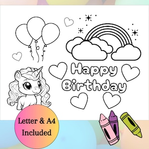 Happy Birthday Coloring Page, Digital Download, Printable, Unicorn Rainbow Birthday Party Game, Print and Color, Letter, A4, Colour Sheet