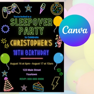 Sleepover-Geburtstagsfeiereinladung, bearbeitbares Canva, digitaler Download, digital senden, Vorlagenlink, druckbar, Kinderschlafparty, Neon