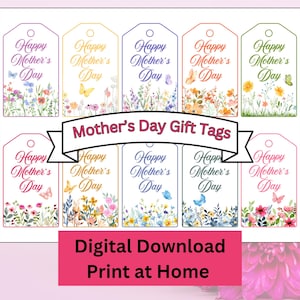 Étiquettes imprimables pour cadeaux, fleurs colorées et papillons, téléchargement numérique, impression à la maison, célébration de la fête des mamans