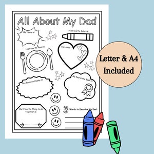 Hoja de trabajo Todo sobre mi papá, descarga digital, imprimible, actividad para niños, para imprimir y escribir, regalo artesanal, día del padre, página para colorear, divertida