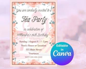 Pink Floral Tea Party Invitation, Editable Canva Template (Digital Download)