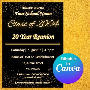 Klassentreffen-Einladung, High School, College, Text bearbeitbare Canva, digitaler Download, Vorlagenlink, druckbare Einladung, digital senden, Gold