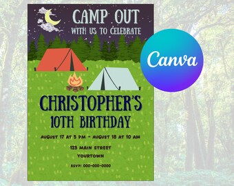 Convite editável para festa de aniversário com tema de acampamento, modelo Canva (download digital)
