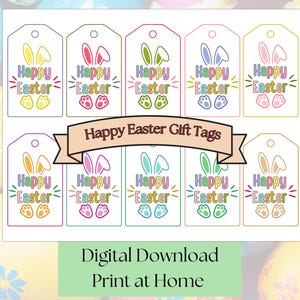 Étiquettes imprimables pour cadeaux de Joyeuses Pâques, oreilles et pieds de lapin colorés, étiquettes pour cadeaux, téléchargement numérique, impression à la maison, célébration des vacances de Pâques