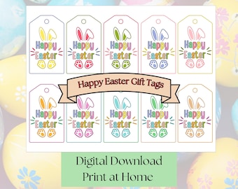 Printable Happy Easter Gift Tags, Colorful Bunny Ears and Feet (Digital Download)