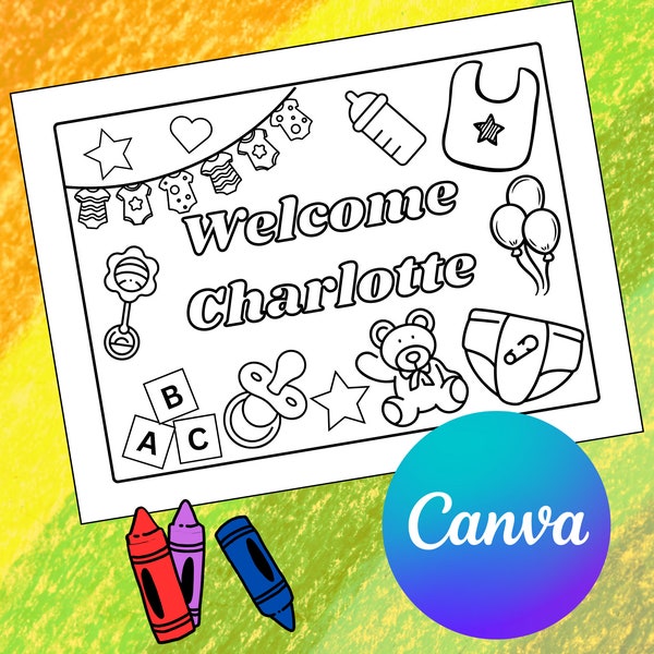 Welcome Baby Coloring Page, Editable, Canva, Baby Shower Games, Gender Reveal Party, Digital Download, Printable, Customizable Name, Color