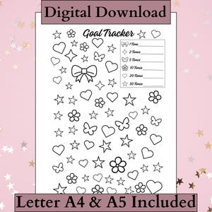 May include: A digital download goal tracker with a pink background and star confetti. The tracker features a white sheet with outlines of hearts, stars, butterflies, and flowers. Text includes "Digital Download", "Goal Tracker", and "Letter A4 & A5 Included".