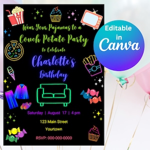 May include: A black and neon-colored invitation to a "Couch Potato Party" to celebrate Charlotte's birthday. The invitation features a couch, pizza, popcorn, candy, and a TV. The text reads "Wear Your Pajamas to a Couch Potato Party to Celebrate Charlotte's Birthday".