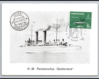 Vintage Stamp on Nautical Postcard - Royal Netherlands Navy protected cruiser HNLMS Gelderland - Photo card no info on back. Aruba 1967 Post