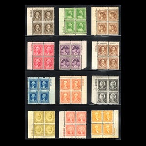May include: A collection of vintage postage stamps in various colors, including green, red, purple, blue, orange, and yellow. Each stamp features a portrait of a historical figure. The stamps are arranged in blocks of four, with perforated edges.