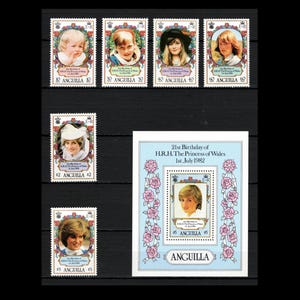 May include: A collection of Anguilla postage stamps featuring portraits of a woman. The stamps display various images of the woman at different ages, along with a commemorative sheet for her 21st birthday. The stamps are framed with floral designs.