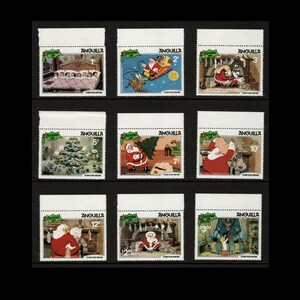 May include: A set of nine Christmas stamps from Anguilla featuring illustrations of Santa Claus and Christmas scenes. The stamps are in denominations of 1, 2, 3, 5, 7, 10, 12, 25, and 300 cents.