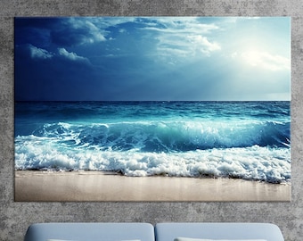 Ocean wave print Large nautical wall art Living room decor Apartment decor Bathroom decor Above bed art Free shipping Canvas wall art