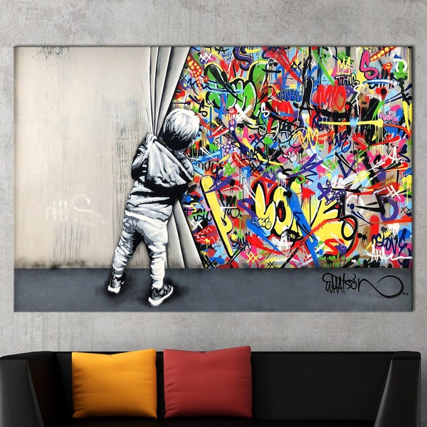 Banksy Behind the Curtain print Extra large Graffiti wall art Pop art canvas Street art Gamer wall decor Free shipping Canvas wall art