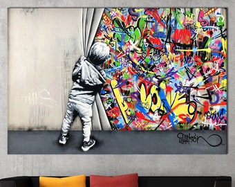 Banksy Behind the Curtain print Extra large Graffiti wall art Pop art canvas Street art Gamer wall decor Free shipping Canvas wall art