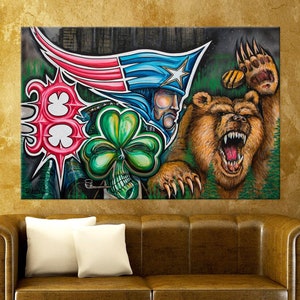Boston sports artwork print on canvas Extra large wall art Baseball Hockey Football Basketball Man cave decor Free shipping Canvas wall art