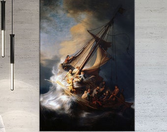 Rembrant - Christ dans la tempête sur la mer de Galilée imprimé sur toile Décor de chambre Décor d’appartement Décor d’entrée Décor de dortoir Décor de paysage marin