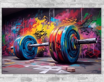 Gym-themed wall art Colorful barbell artwork print on canvas Extra large Room decor Nursery decor Man cave decor Graffiti canvas wall art