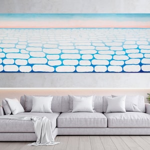 May include: Abstract painting of a blue sky with white clouds arranged in a repeating pattern. The clouds are shaped like ovals and are arranged in rows. The painting is on a canvas and is framed.