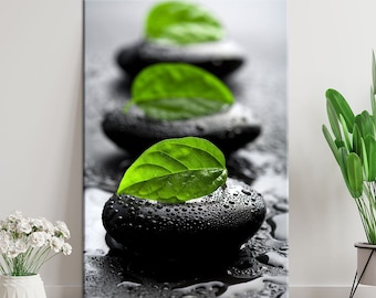 Leaves on spa stones print on canvas Zen wall art Bathroom decor Relaxing wall art Spa decor Green wall art Best selling Canvas wall art
