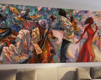 Jazz band painting print on canvas Extra large wall art African american art Musician gift Music room decor Free shipping Canvas wall art