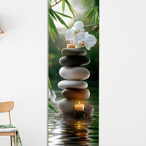 stacked stones with candle, white orchids and bamboo over water reflection, vertical canvas, Art prints, Canvas wall art, Room wall decor, Extra large wall art, Wall decor, Apartment decor