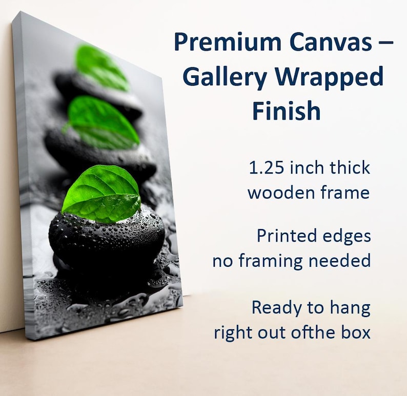 Leaves on spa stones print on canvas Zen wall art Bathroom decor Relaxing wall art Spa decor Green wall art Best selling Canvas wall art Bild 2