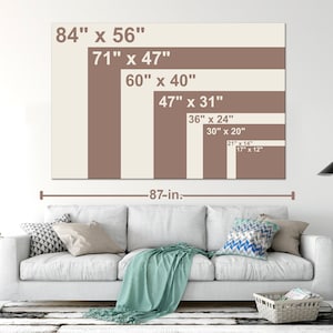 May include: A diagram showing different sizes of canvas prints, ranging from 17 inches by 12 inches to 84 inches by 56 inches. The canvas prints are displayed on a white wall above a white couch with a light green throw blanket. The measurements of each canvas print are listed in inches.