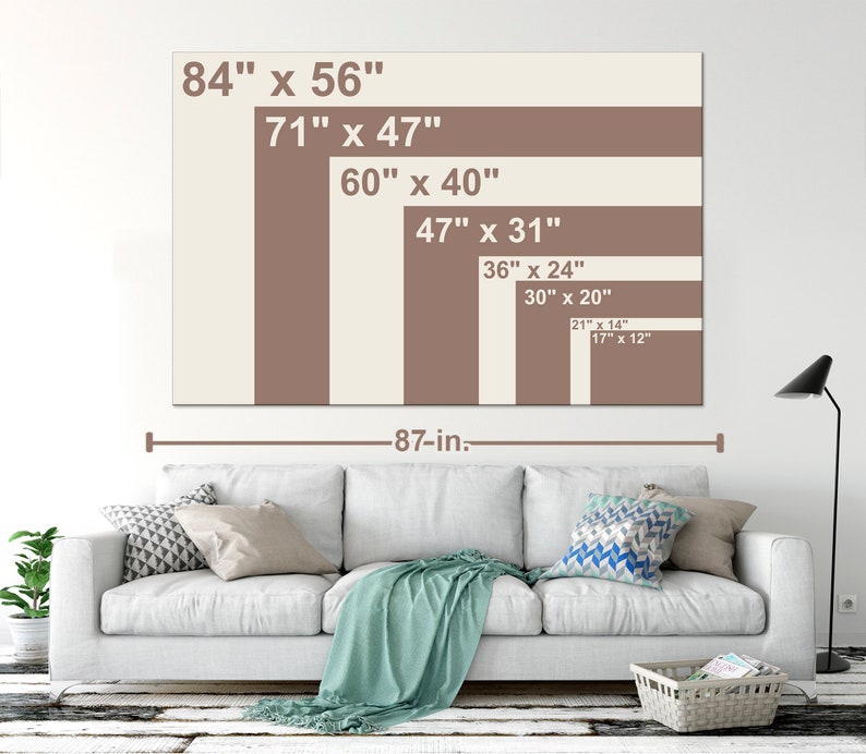 May include: A diagram showing different sizes of canvas prints, ranging from 17 inches by 12 inches to 84 inches by 56 inches. The canvas prints are displayed on a white wall above a white couch with a light green throw blanket. The measurements of each canvas print are listed in inches.