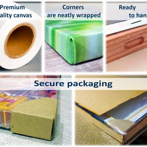 K&ouml;nnte beinhalten: Nahaufnahme eines Leinwanddrucks, der verpackt wird. Die Leinwand ist in braunes Papier eingewickelt, die Ecken sind mit Klebeband gesichert. Der Druck ist mit einem vorinstallierten Aufh&auml;ngesystem zum Aufh&auml;ngen bereit. Die Leinwand ist aus hochwertigen Materialien gefertigt und an den R&auml;ndern sauber umwickelt.