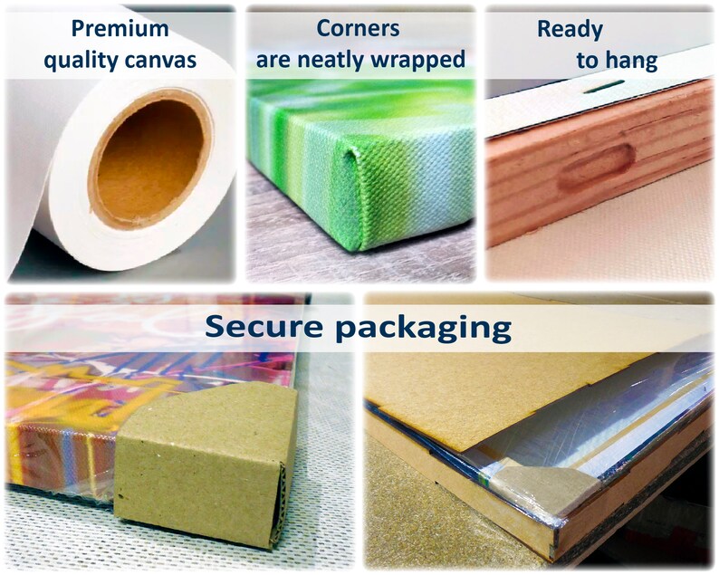 K&ouml;nnte beinhalten: Nahaufnahme eines Leinwanddrucks, der verpackt wird. Die Leinwand ist in braunes Papier eingewickelt, die Ecken sind mit Klebeband gesichert. Der Druck ist mit einem vorinstallierten Aufh&auml;ngesystem zum Aufh&auml;ngen bereit. Die Leinwand ist aus hochwertigen Materialien gefertigt und an den R&auml;ndern sauber umwickelt.