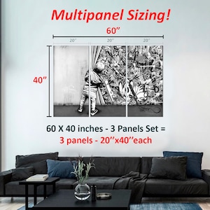 May include: A three-panel canvas print depicting a black and white image of a child peeking around a corner. The image is divided into three panels, each measuring 20 inches by 40 inches. The overall size of the print is 60 inches by 40 inches. The text "60 X 40 inches - 3 Panels Set = 3 panels - 20"x40"each" is printed below the image.