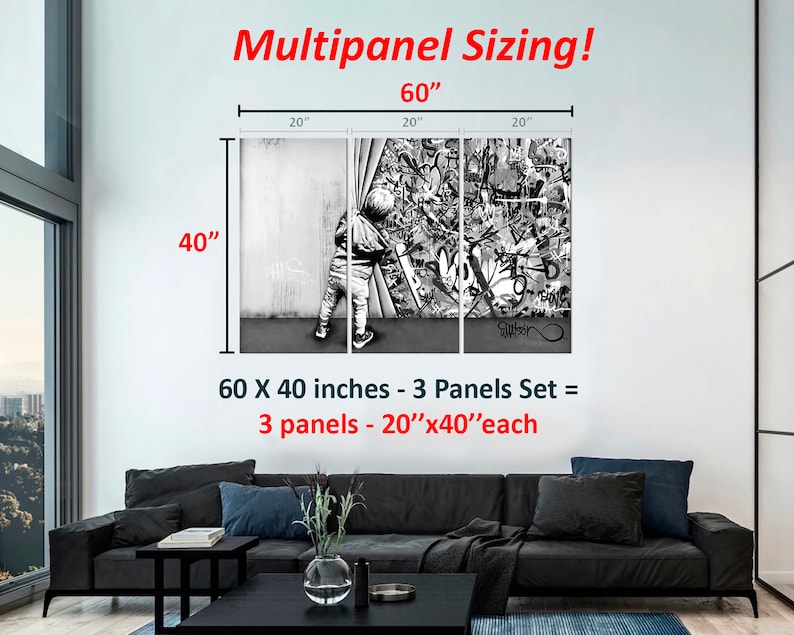 May include: A three-panel canvas print depicting a black and white image of a child peeking around a corner. The image is divided into three panels, each measuring 20 inches by 40 inches. The overall size of the print is 60 inches by 40 inches. The text "60 X 40 inches - 3 Panels Set = 3 panels - 20"x40"each" is printed below the image.