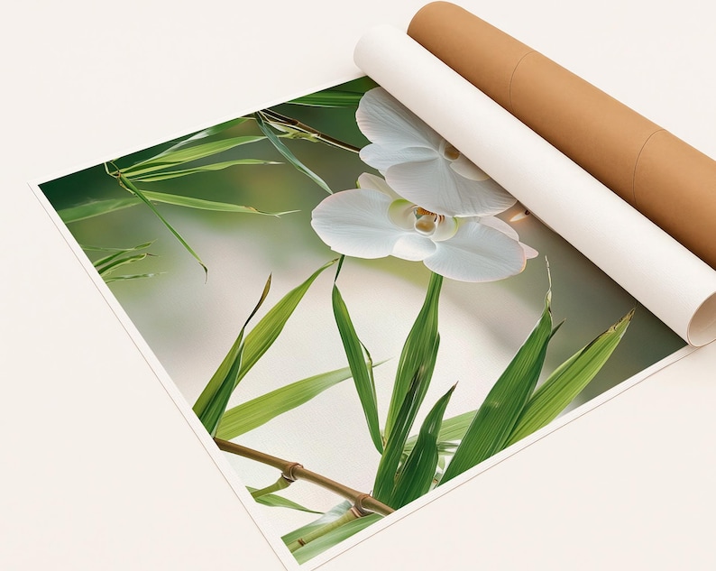 May include: A print depicting white orchid flowers and green bamboo leaves. The print is partially rolled, with two cylindrical tubes in white and brown cardboard. The image has a soft, natural aesthetic.