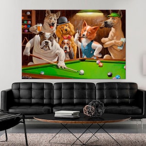 Dogs playing pool Apartment decor Funny dog Billiard wall art Pool decor Man cave decor Bar art Dog lover gift Free shipping Canvas wall art